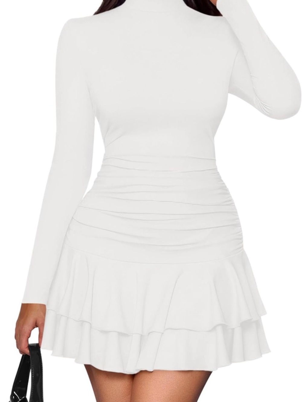PRETTYGARDEN Long-Sleeve White Ruffle Tiered Mini Dress